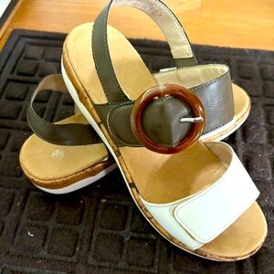 Stylish Women's Sandals-Forest Green and Beige Straps Velcro with brown buckle